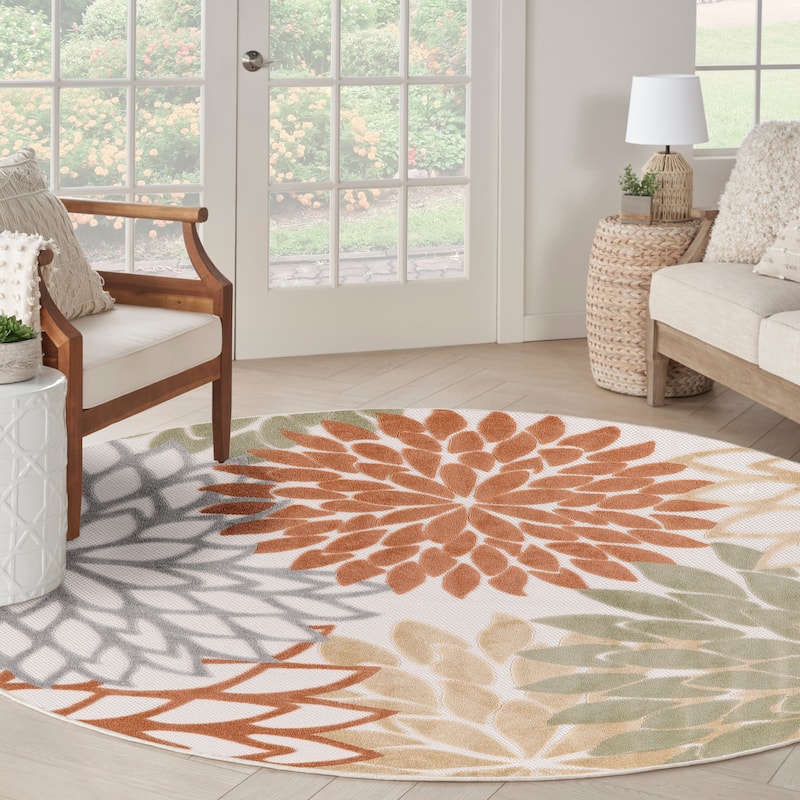Nourison Aloha Floral Modern, Indoor/Outdoor Area Rug - 5'3" x Round - Ivory/Multicolor