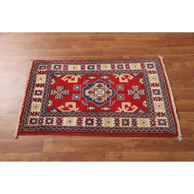 Geometric Kazak Rug Hand-Knotted Traditional Red Wool Carpet - 2'0"x 3'0"