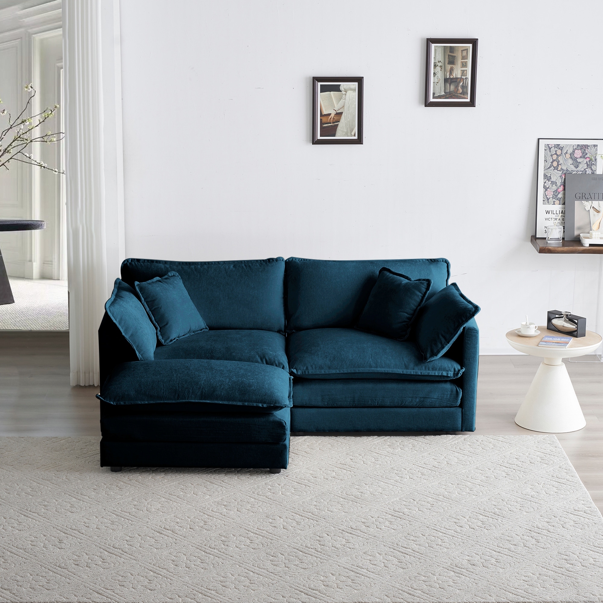 Chenille Chaise Lounge Sofa, Solid Wood Frame, Footstool Included