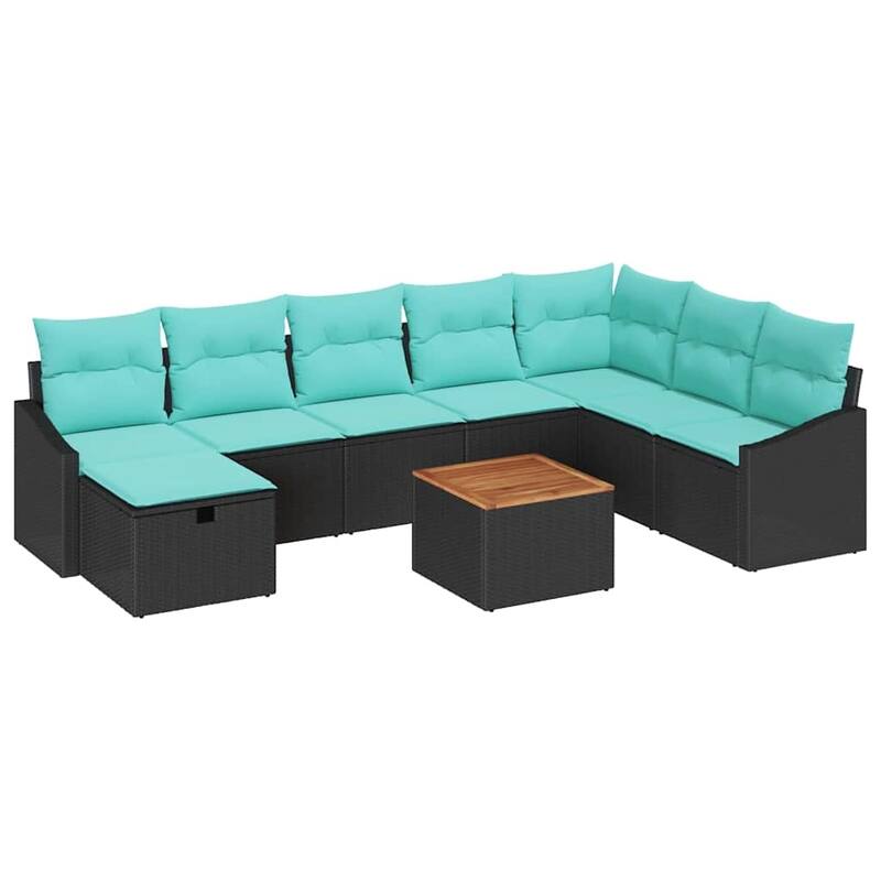 vidaXL 9 Piece Garden Sofa Set with Cushions Black Poly Rattan - 113.6×70.3×27.2