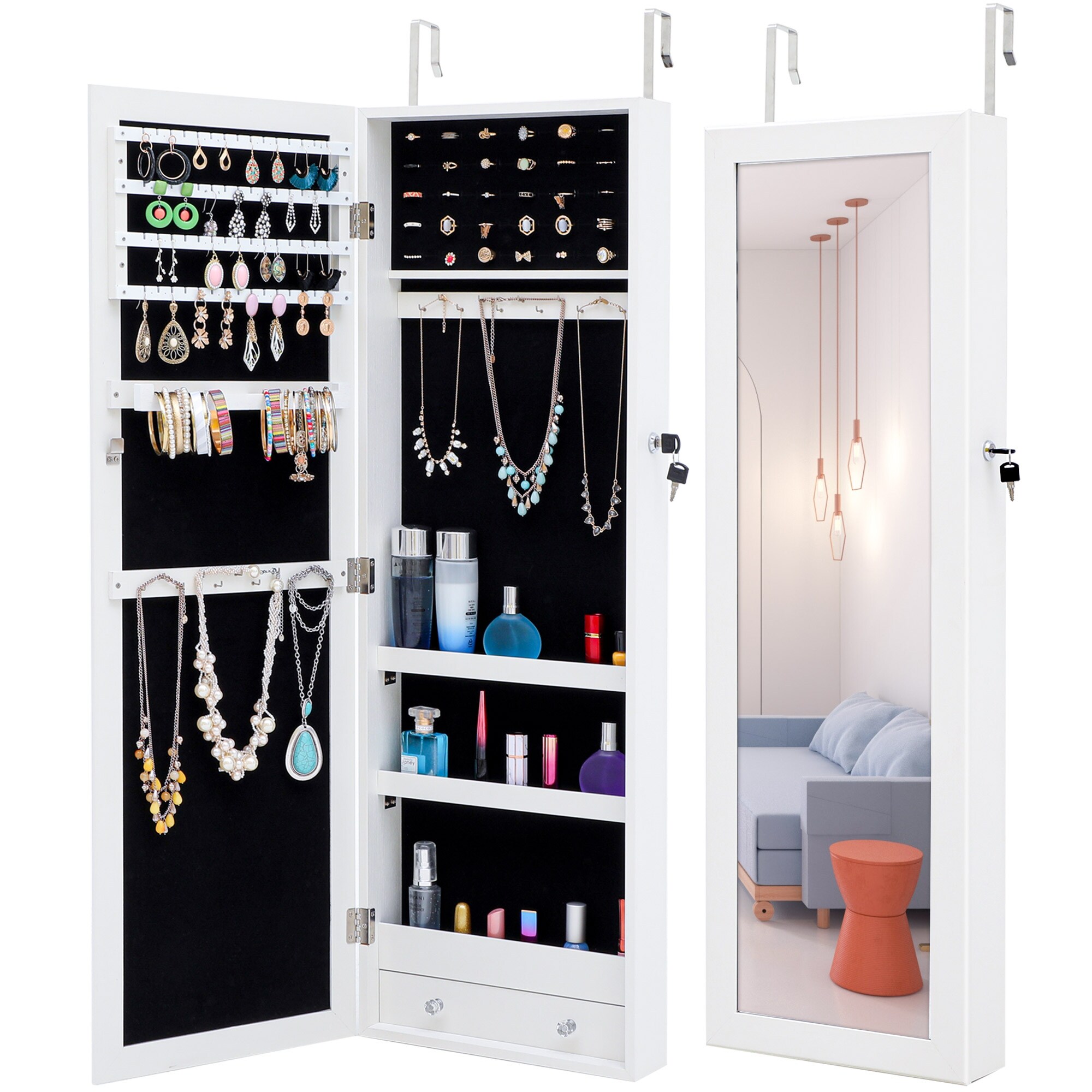 43 H Velvet Key Lock Jewelry Armoire Mirror Cabinet with Storage