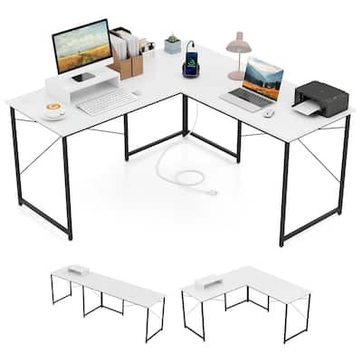 White Reversible Workstation Desk with Steel Frame Monitor Display Shelf and Stable Adjustable Feet