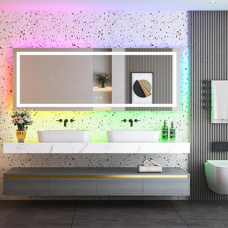 Super Bright RGB Backlit & LED Frontlit Anti-Fog Bathroom Vanity Mirror in Tempered Glass & ETL