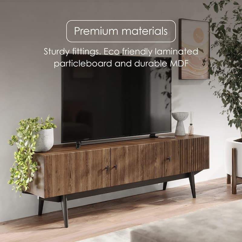 Living Skog Chelsea Brown TV Stand Fits for TV's up to 65 in. with Slatted Design and Wood Legs
