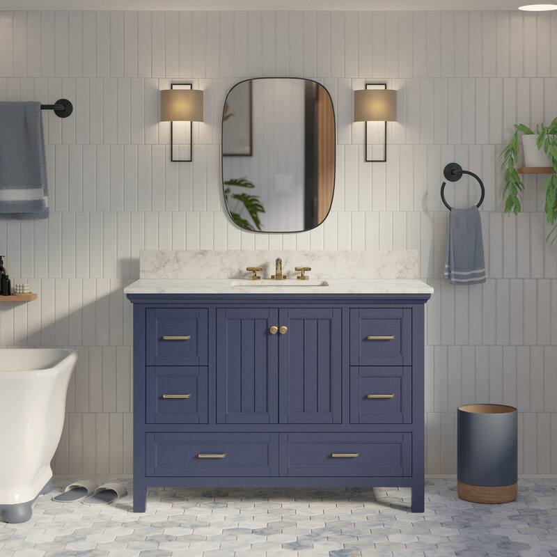 KitchenBathCollection Paige 48" Bathroom Vanity with Carrara Marble Top - Royal Blue