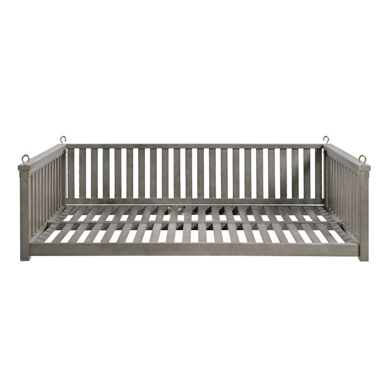 Acacia Wood Twin Size Patio Swing Bed, Outdoor Porch Hanging Bed with Safe Sloped Design and Hemp Ropes for Garden or Backyard