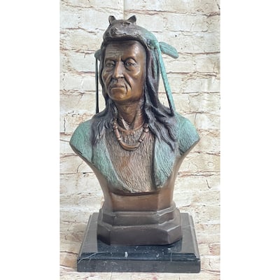 Native American Indian In Wolf Headdress Bronze Bust Statue Sculpture 14 Inches X 8 Inches