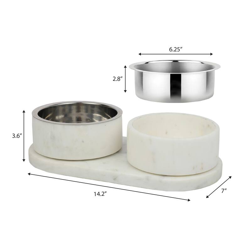 Marbre 12oz Double Pet Bowl Set - Marble & Stainless Steel with Non-Slip Tray