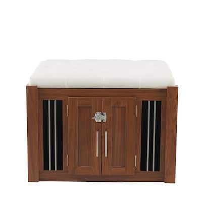 ‌30.25"L 2-in-1 Walnut Dog Crate with Padded Seat & Barn Door, Doubles as Ottoman with Removable Cushion.