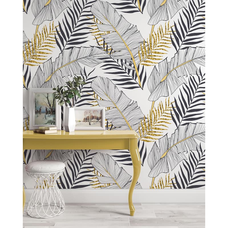 GK Wall Design Black White Gold Exotic Tropical Leaves Removable Wallpaper