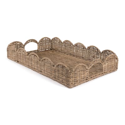 happimess Scalloped 21.5" Southwestern Cottage Hand-Woven Rattan Tray with Handles, Natural
