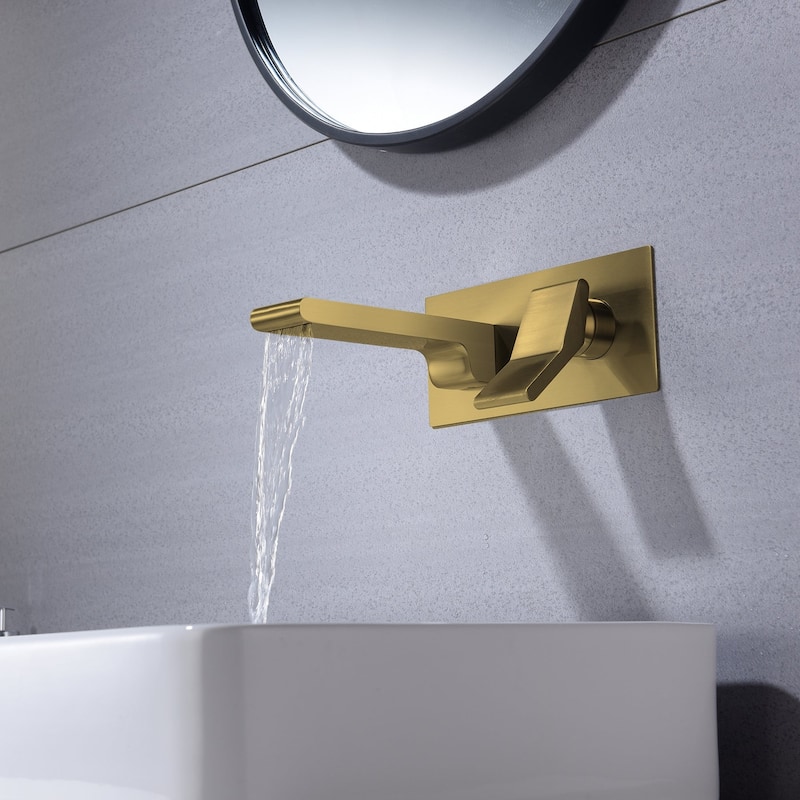 Brushed Gold waterfall Wall mount single handles bathroom sink faucet with brass pop up overflow drain - 5' x 11'