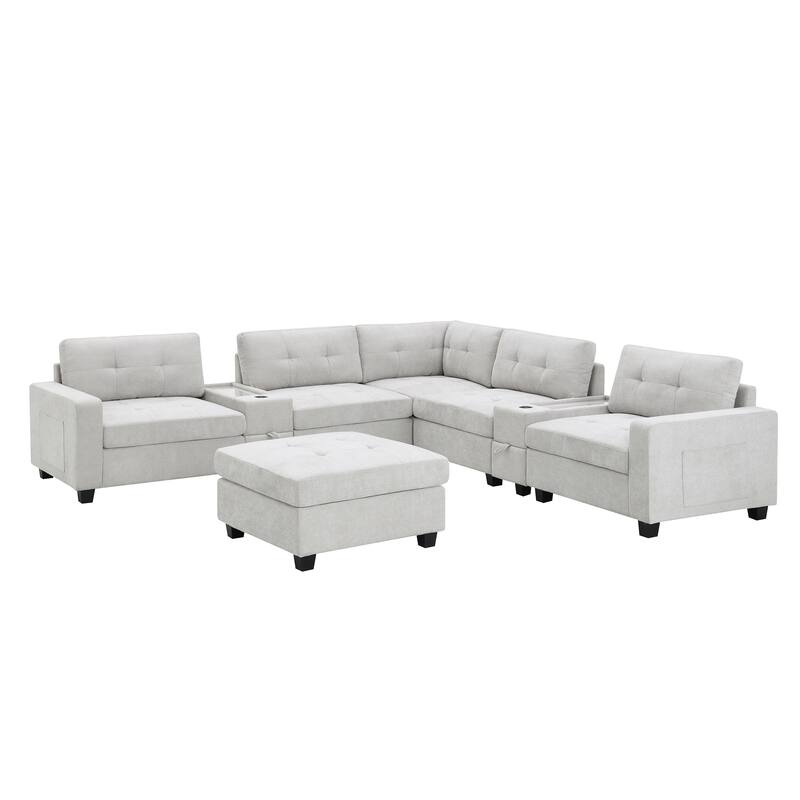 L-shape Chenille Sectional Sofa with 2 Acrylic Consoles Table Top, USB Charger, 2 Drawers, Pockets and Ottoman for Living Room
