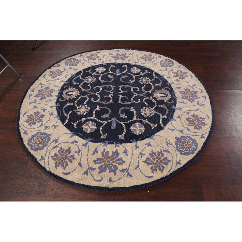 Floral Traditional Oriental Office Area Rug Hand-tufted Wool Carpet - 6'0" x 6'0" Round