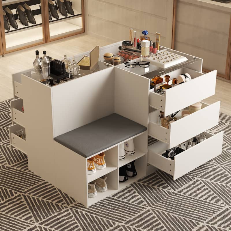 Makeup Organizer Glass Top and Cushion for Jewelry, Shoe Storage Bench
