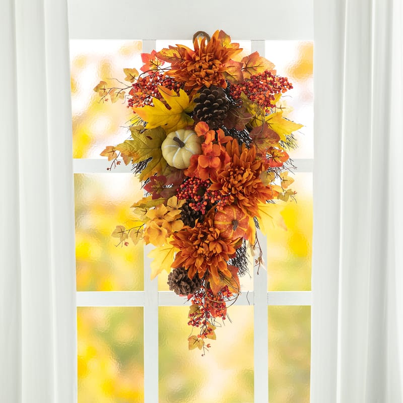 Glitzhome 27"H Fall Dahlia Pumpkin Leaf & Berry Swag Wreath with Hanger - Swag