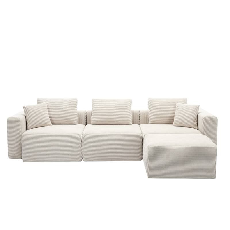Corduroy Sectional Modular Sofa with Square Arms & Ottoman Extension for Flexible Arrangements - 3-Seater & 1 Ottoman - Off White