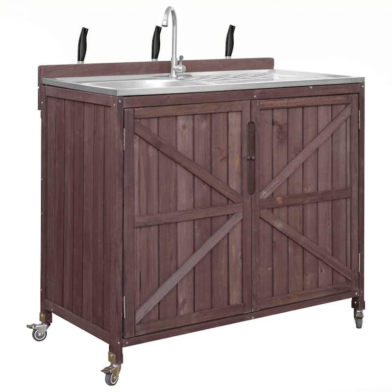 39.4" Rolling Outdoor Kitchen Island with 304 Stainless Steel Sink, Faucet & Cabinet for Pizza Prep