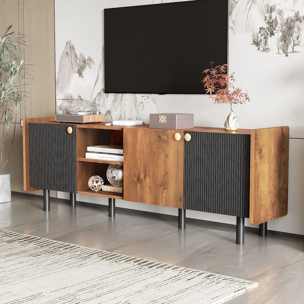 Mid-century TV Stand for TVs up to 70" with 3 Cabinets and 2 Open Storage Compartments, for Living Room and Bedroom