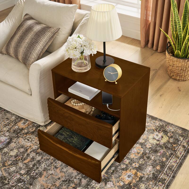 Mid-Century Modern Nightstand with Charging Station & Outlet Hole & 2 Solid Wood Drawers