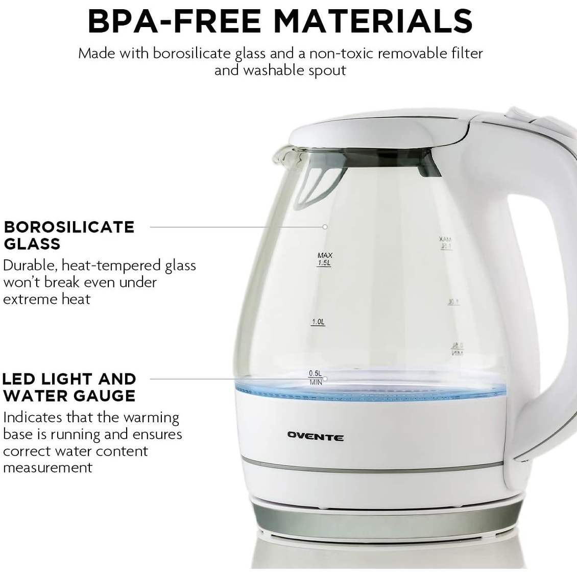 Ovente Portable Electric Glass Kettle 1.5 Liter with Blue LED Light and  Stainless Steel Base, Black KG83B - Bed Bath & Beyond - 8122375