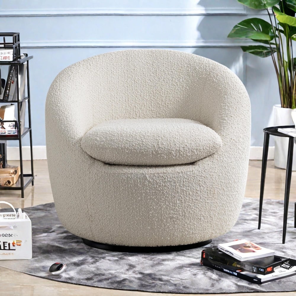 Fabric 360° Swivel Barrel Chair with Round Metal Base, High-Density Foam Cushion, and Modern Design