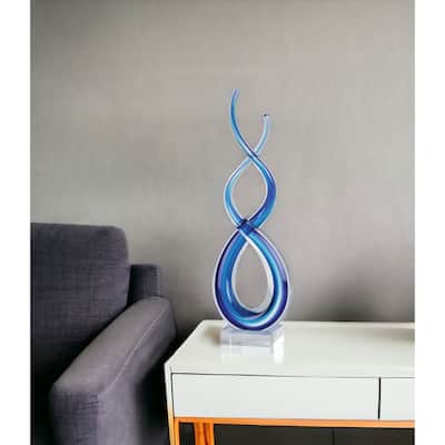 HomeRoots 11" Clear and Blue Murano Glass Modern Abstract Tabletop Sculpture - 3.5' X '10.5' X '2.5