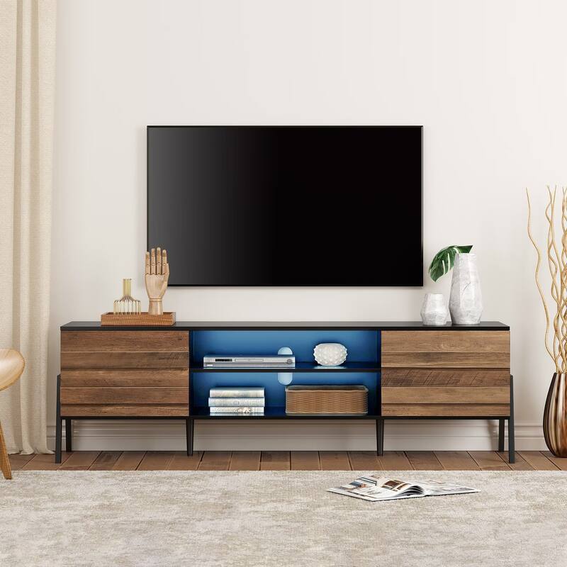 Mid-Century Modern TV Stand for 55"/65"/75" TV Console with LED Light - 70" - Black/Brown & Blue LED
