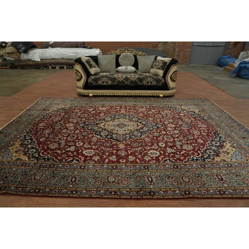 Hand Knotted Oriental 100% Wool Carpet Traditional Floral Red Kashan Area Rug - 13' 5'' X 9' 7''