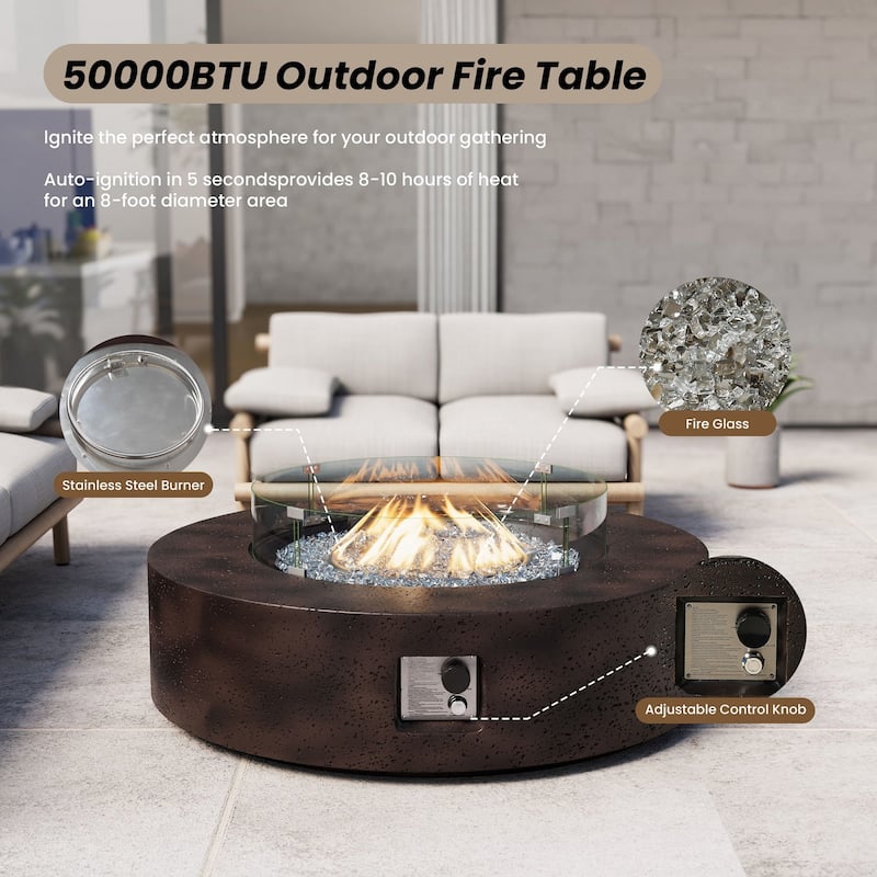 SUNBURY 42''Round Propane Fire Pit w Wind Guard and Fire Glass
