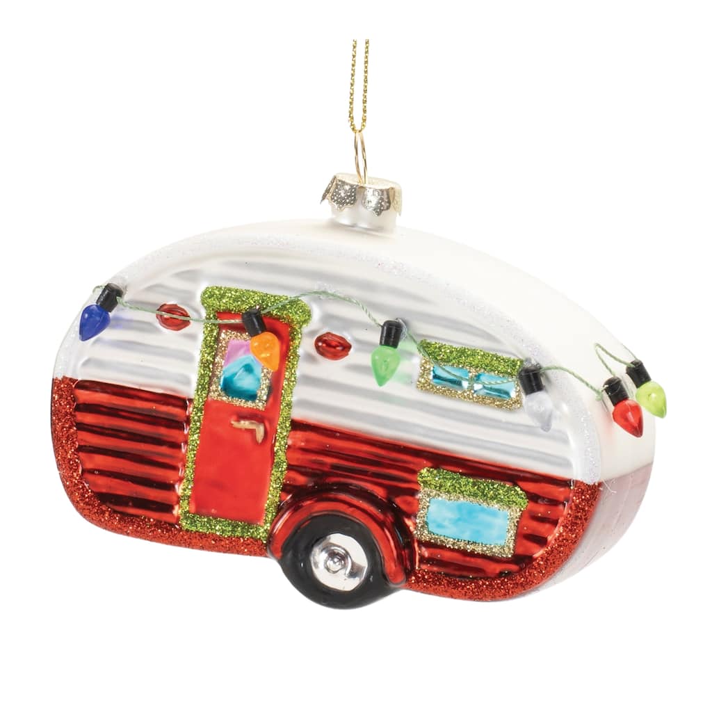 Set of 12 Red and White Glass Camper Ornaments with Festive Glitter Details for Holiday Decorating - 4”L x 2”W x 3”H