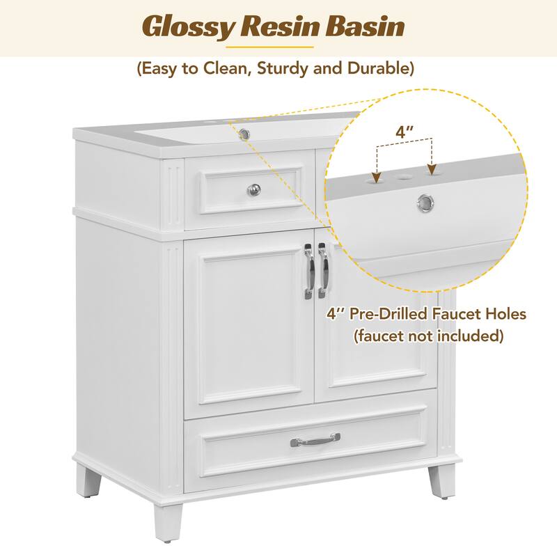 30'' Bathroom Vanity with Resin Sink,Solid Wood Frame Bathroom Storage Cabinet with 2 Soft Closing Doors and 1 Storage Drawer