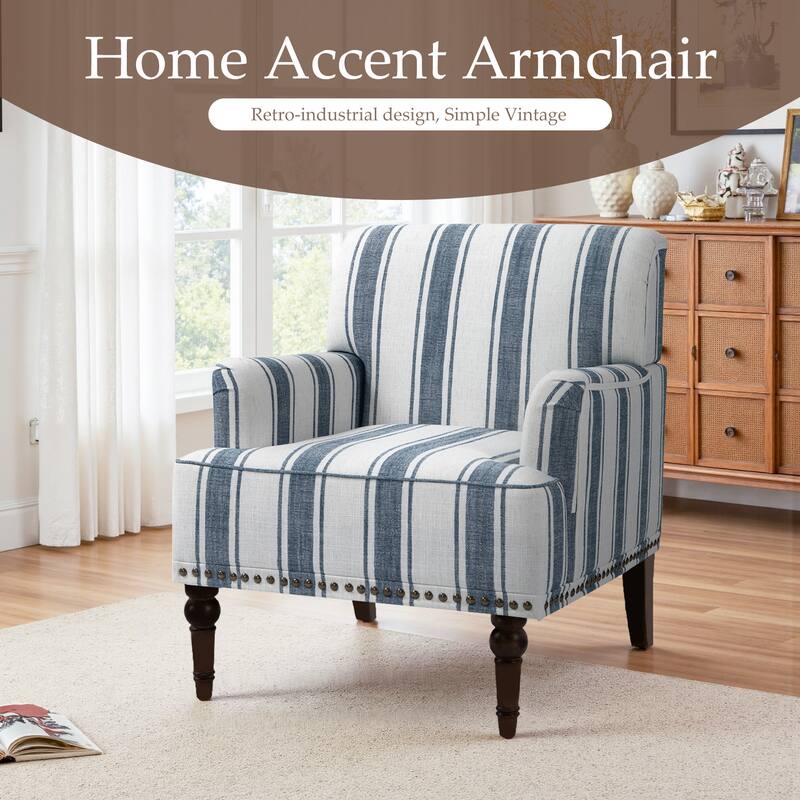 Striped Upholstered Linen Armchair with Brass Nailhead Trim