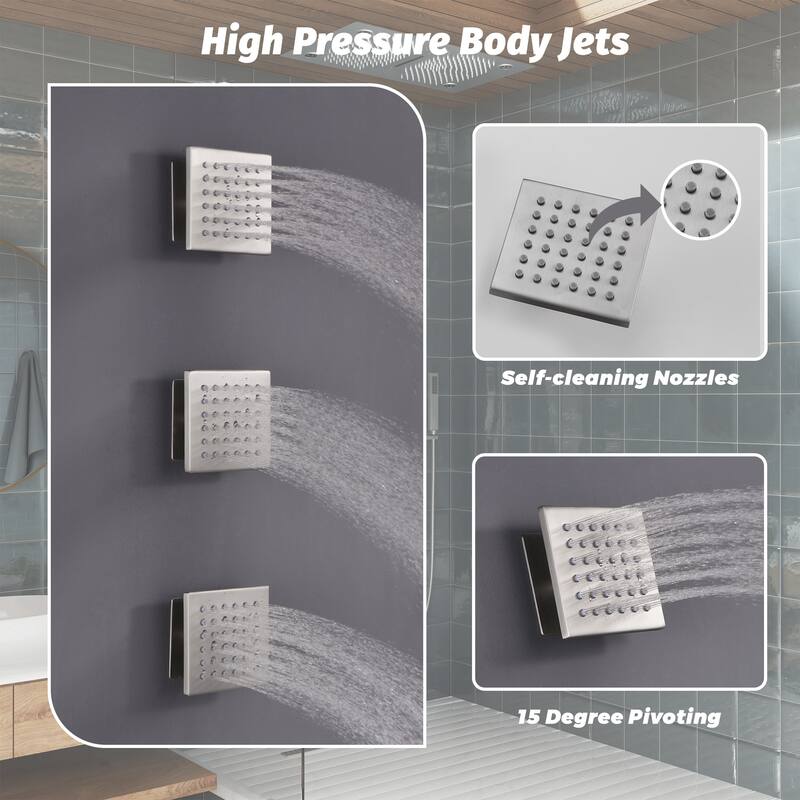Luxury 5-Spray Patterns 28 in. Ceiling Mount Shower System with Handheld Shower Head, 3 Body Jets, LED, and Music - 16" x 28"