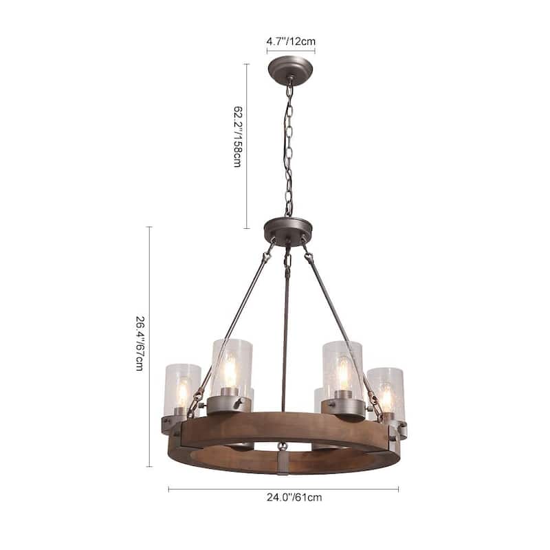 6-light Wooden Wagon Wheel Chandelier - Antique Silver