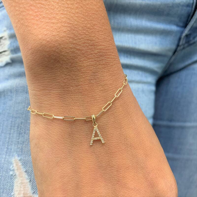Joelle Collection Diamond Initial Letter A-Z Bracelet Paperclip 14K Gold 7" Chain 1/10 TDW Bracelet