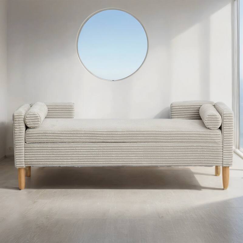 Corduroy Storage Bench with Bolster Pillows, 350LB, Natural Wood Legs