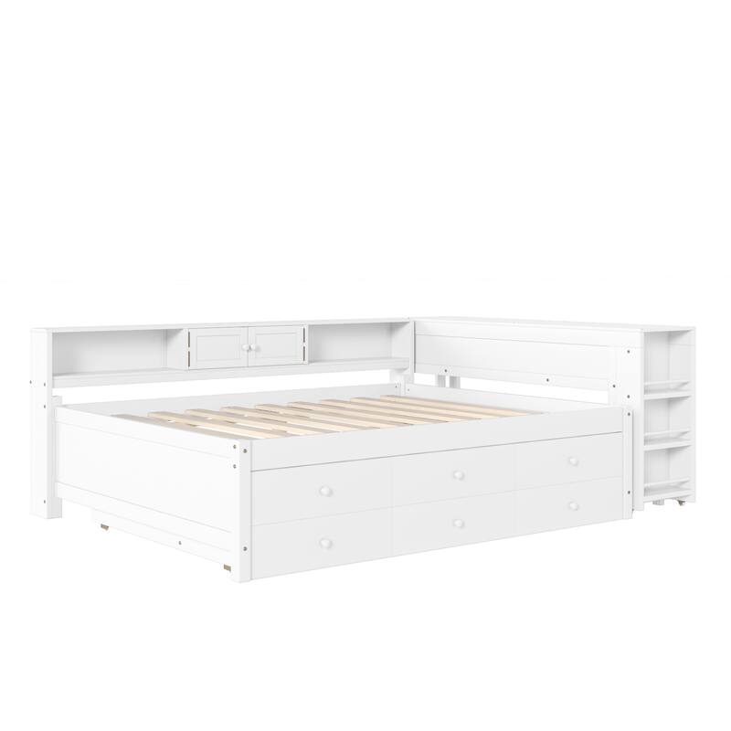 Full/Twin Daybed with Trundle & Storage Drawers - Wood Frame with Side Shelves and Desk