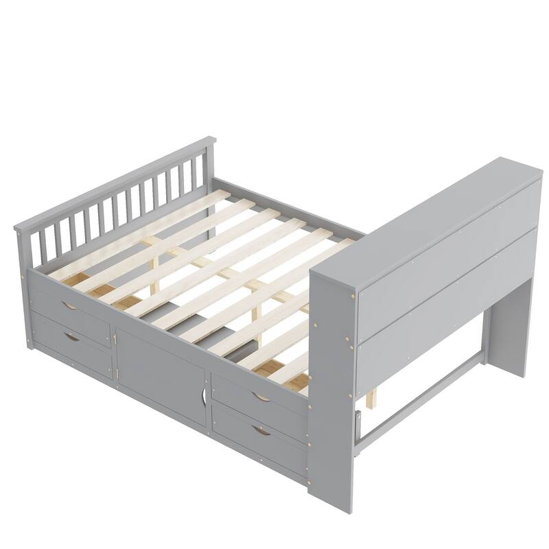 Full Size Wooden Captain Platform Bed Frame with Storage Bookcases Headboard and 4 Drawers