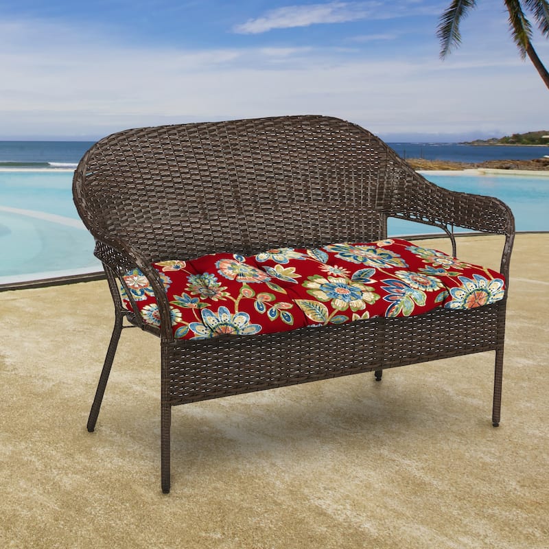 44" x 18" Red Floral Contoured Outdoor Wicker Bench Cushion - 18'' L x 44'' W x 4'' H