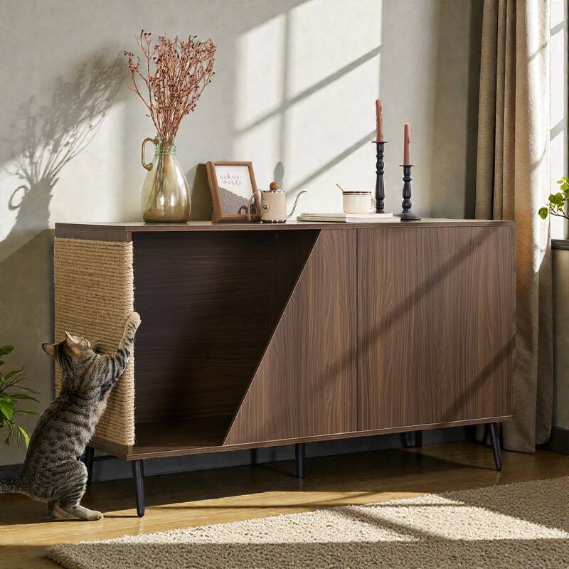 2-in-1 Walnut Cat Litter Box Cabinet with Spring-Loaded Door, Cat Scratch Side Table, Modern Pet Furniture for Living Room