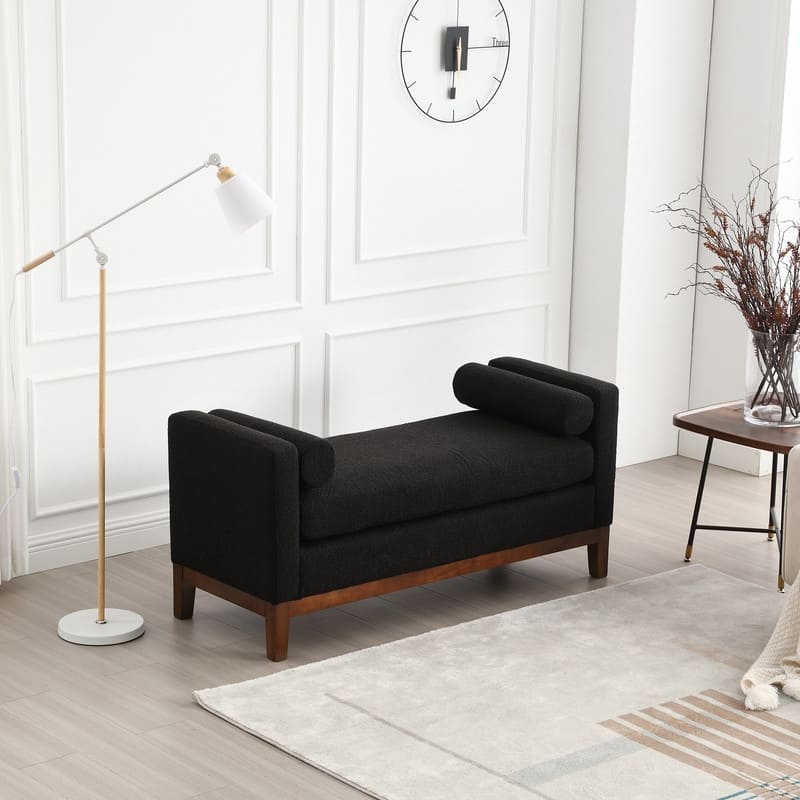 Upholstered Entryway Bench with Solid Wood Legs & Bolster Pillows