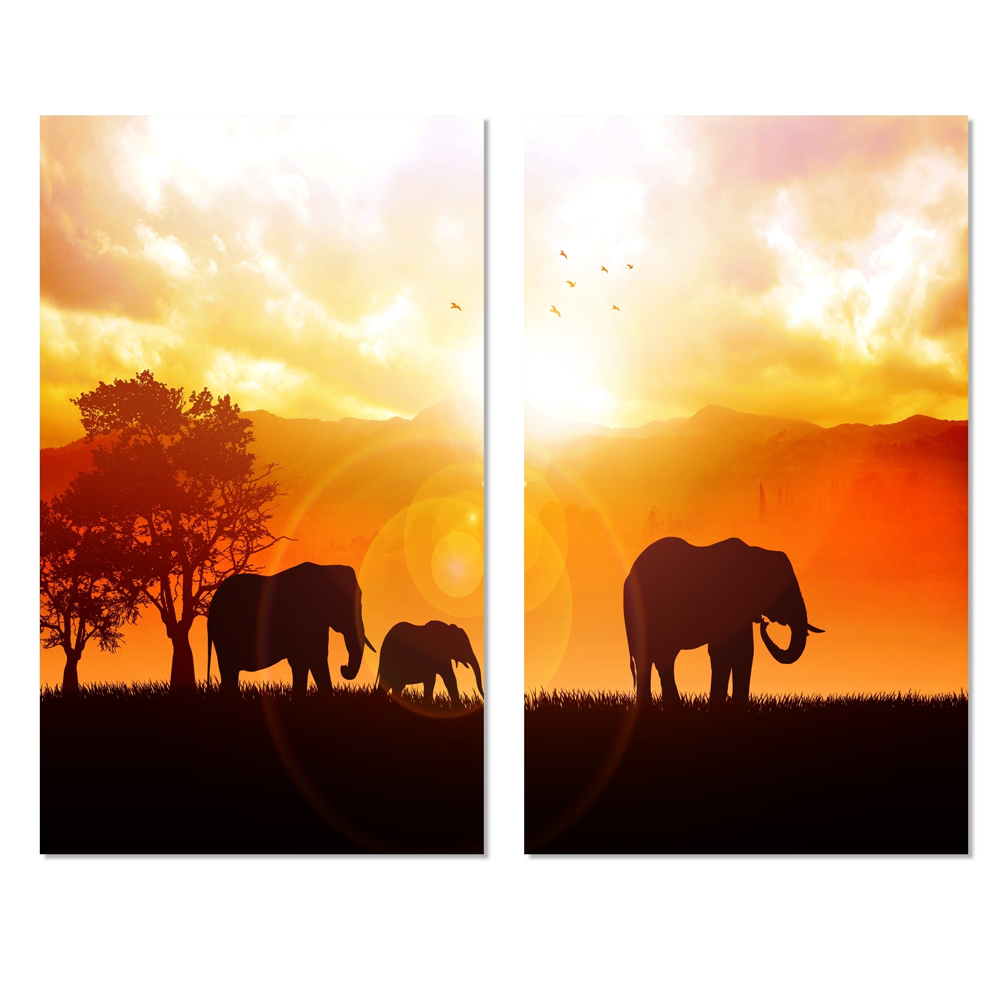 Large Elephants Sunrise ALL SIZES Cotton Canvas Wall Art Picture Print 