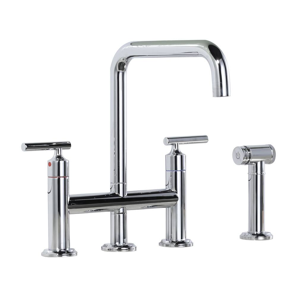 WOWOW Double Handle Bridge Kitchen Faucet with Side Sprayer