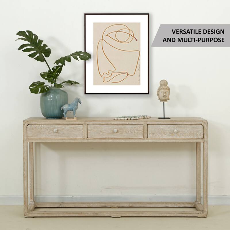 Artissance Reclaimed Peking Console Table With 3 Drawers & Weathered White Wash Finish, 34 Inch Tall