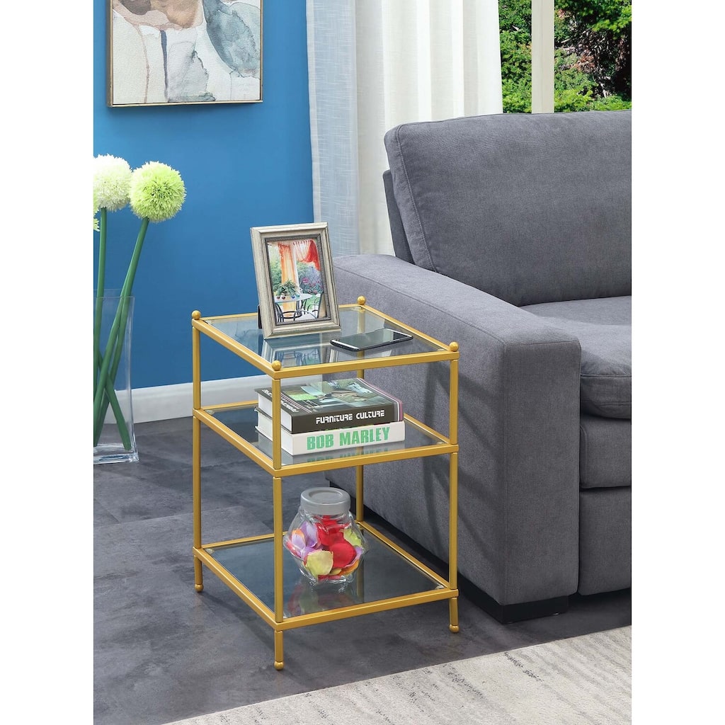 Royal Crest End Table with Chrome Frame and Three Tiers of Glass Shelves, Modern Accent Table for Storage and Display at Home