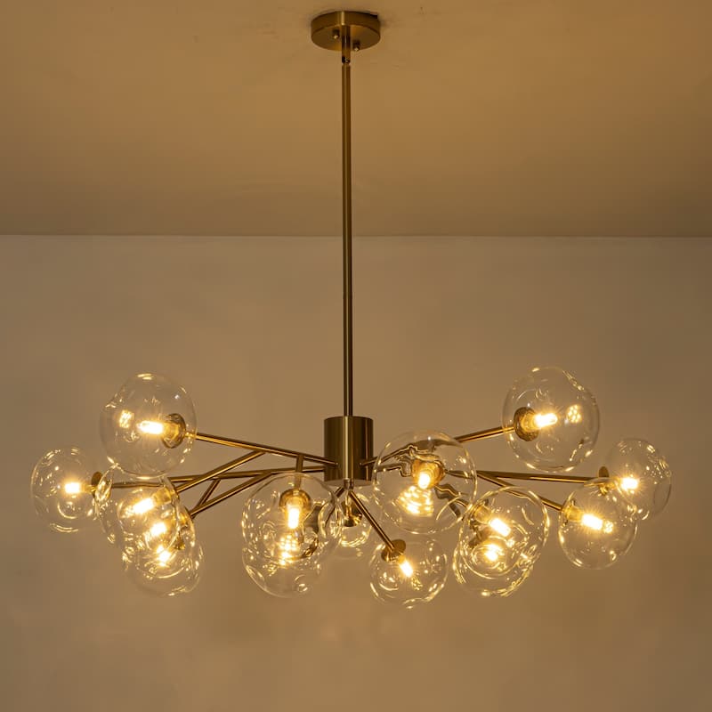 15-Light Concave Glass Globe Chandelier - Modern Brass Molecular Ceiling Light for Living Room - 15 Light