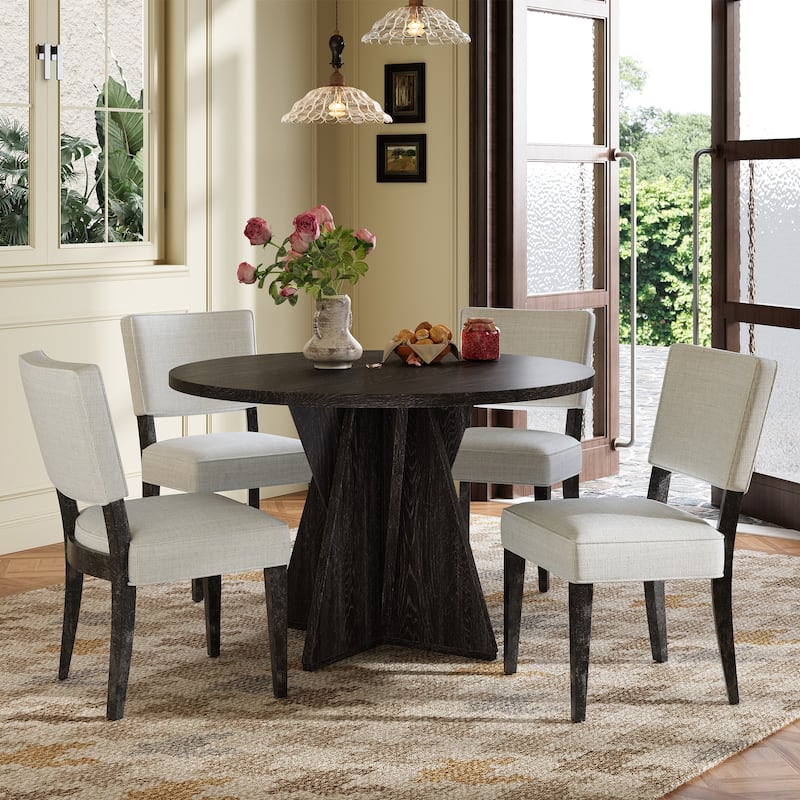 5-Piece Round Dining Table Set with 4 Upholstered Chairs, Triangular Base Kitchen Table for Small Space and Dining Room - Espresso