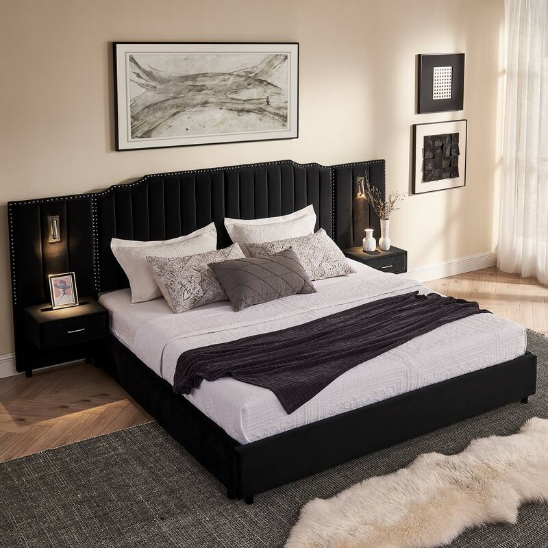 King Size Upholstered Bed Frame with Velvet Fabric, Vertical Stripe Design with Buttons Around King Size Platform Bed