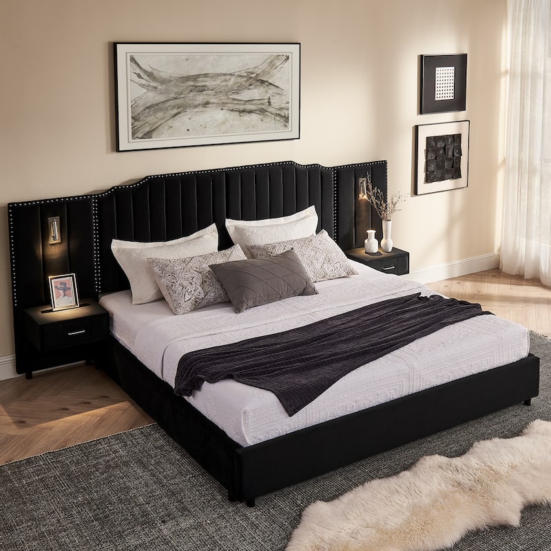 Upholstered Bed, Vertical Stripe Buttons Design Wingback Bed Frame, Velvet Fabric Platform Bed with Bedside Table